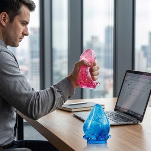 NeeDoh Dream Drop – Blue Squish Toy (6/7) Blue NeeDoh Dream Drop raindrop squish toy resting on a translucent stand — Image 6 of 7